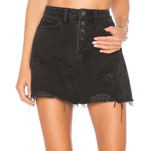 Free People We The Free Black Distressed Jean Skirt 100% Cotton Button Fly Mini - Picture 2 of 14